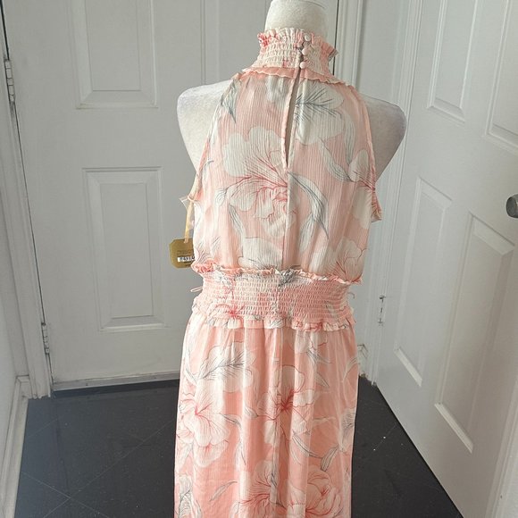 NWT RYEGRASS Women's Dress Peach Floral Sleeveless High Neck Smocked Waist SZ M - Picture 6 of 14